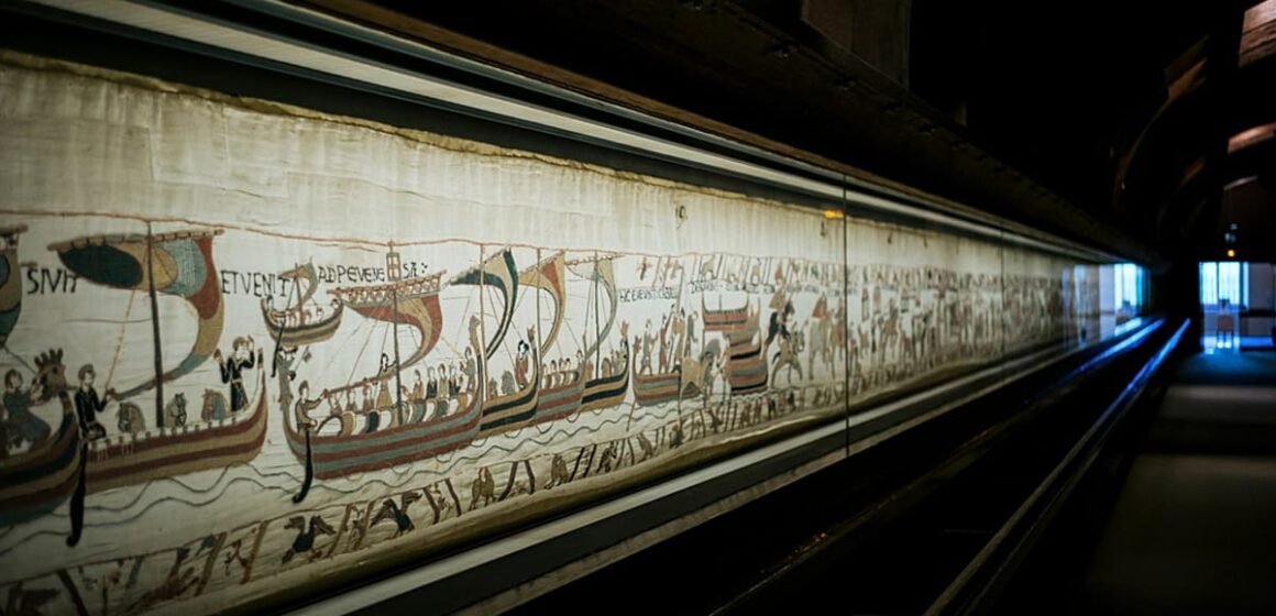 Bayeux Duvar Halısı, British Museum’da 10 Eylül 2026’da açılacak sergi için hazırlanan yatay vitrinde görülüyor. Bayeux Duvar Halısı British Museum’da yatay vitrinde sergilenirken