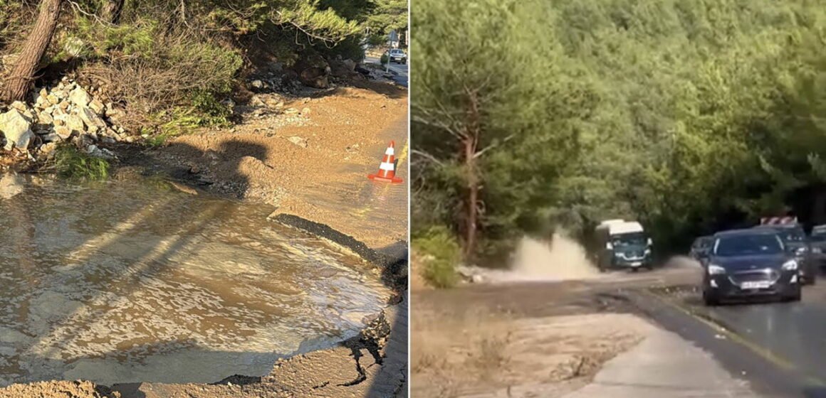 Bodrum'da ana su hattının patlaması sonucu tazyikli su metrelerce yükseldi. Bodrum ana su isale hattı patlama anı