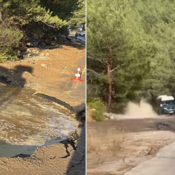 Bodrum'da ana su hattının patlaması sonucu tazyikli su metrelerce yükseldi. Bodrum ana su isale hattı patlama anı