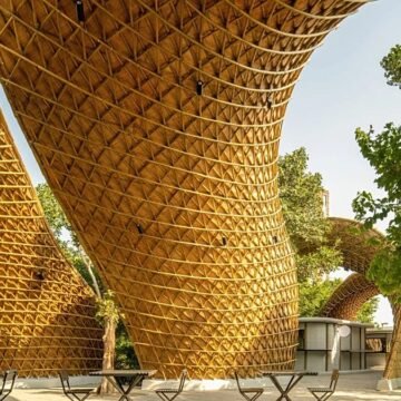 Delhi'deki Ashoka Üniversitesi'nde ağaçların altında bambu ve 3D baskı modüler duvarlarla inşa edilen Hungry Caterpillar gölgelik yapısı