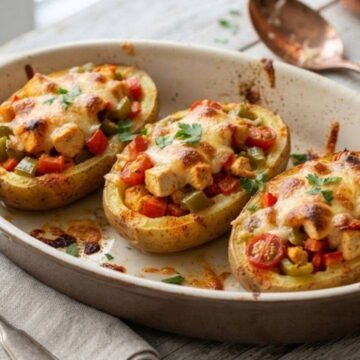 Fırında kızarmış, tavuklu harç ve kaşar peyniriyle servis edilen patates dolması