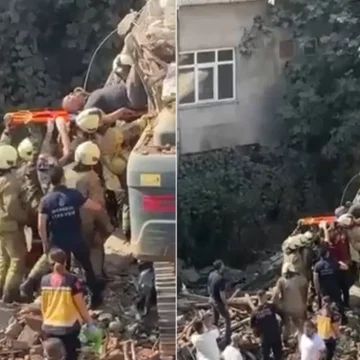 Sultan Murat Caddesi'nde yıkım sırasında iş makinesinin üzerine çöken binanın ardından ekipler inceleme başlattı. Küçükçekmece'de yıkımı yapılan binanın iş makinesinin üzerine çökmesi sonrası olay yeri görüntüsü