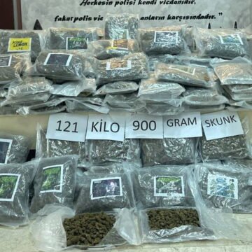 Hamzabeyli Sınır Kapısı'nda 121 kilo 900 gram skunk ele geçirilen TIR ve narkotik ekiplerinin çalışması. Hamzabeyli Sınır Kapısı'nda TIR dorsesine gizlenmiş skunk ele geçirilmesi