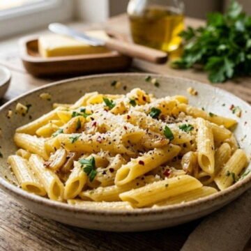 Aglio e Olio tekniğiyle hazırlanan sarımsaklı tereyağlı makarna, servis öncesi son dokunuşla. Sarımsak dilimleri ve tereyağıyla parlayan sıcak makarna tabağı, üzerine rendelenmiş peynir serpilmiş hali