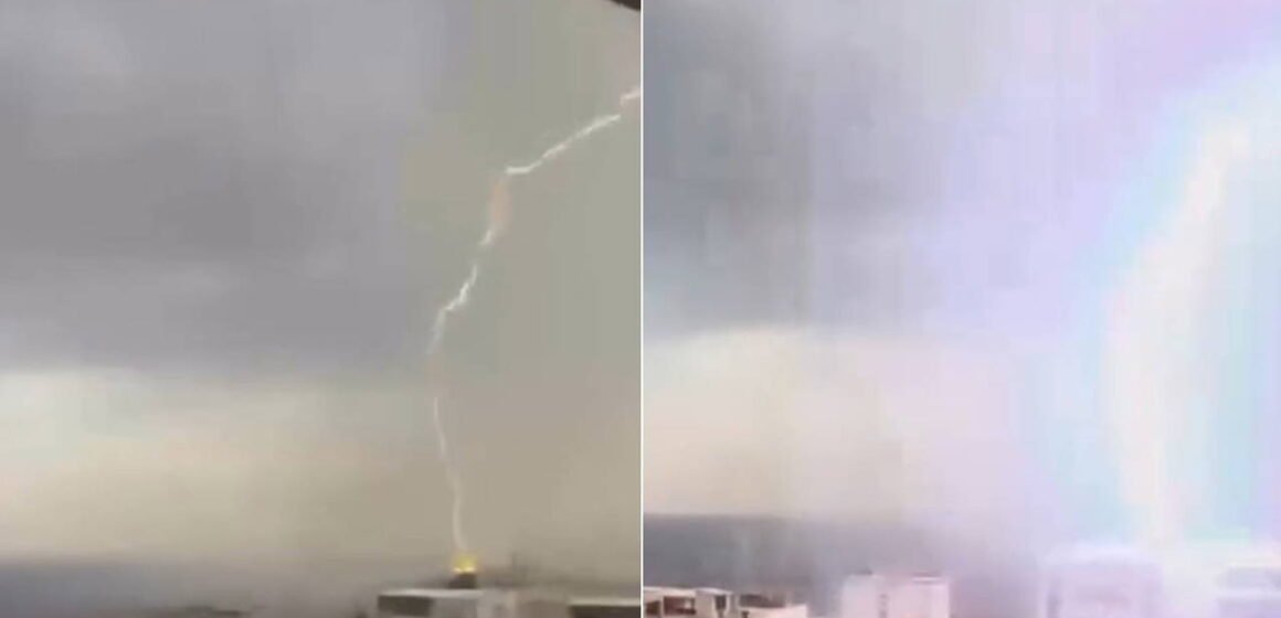 Şırnak merkez Yeni Mahalle'de dün akşam yağış sırasında 8 katlı binaya yıldırım düştü; o anlar cep telefonuyla kaydedildi. Şırnak'ta 8 katlı binanın çatısına yıldırım isabet ettiği anların cep telefonu kamerasından görüntüsü