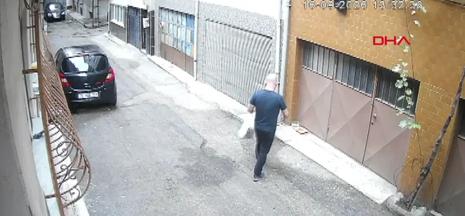 Bursa'da sokak kedileri için bırakılan mama ve su kapları güvenlik kamerasına yansıdı. Soğanlı Mahallesi'nde bırakılan kedi mama ve su kaplarının görüntüsü